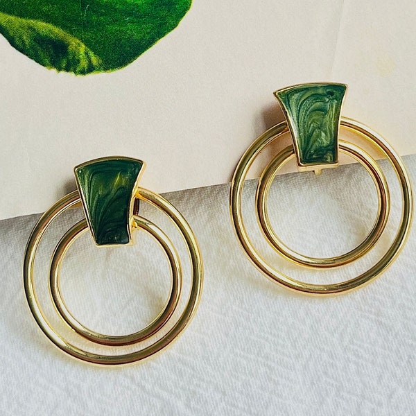 Dark Green Enamel Double Round Circle Openwork Hoop Modernist Clip Earrings, Gold, Mother, Mom, Girl, Wife, Y2K, Anniversary, Birthday Gift