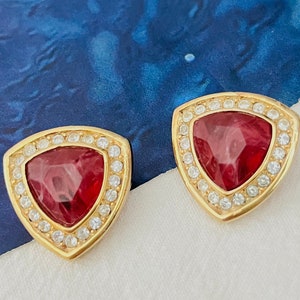 Christian Dior Vintage 1980s Ruby Triangle Shield Crystals Clip Earrings, Gold, Mom, Girl, Wife, Y2K, Wedding, Anniversary, Birthday Gift