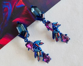 Christian Lacroix Vintage 1980s Crystals Navy Purple Iridescent Rocaille Clip On Earrings, Mom, Girl, Wife, Y2K, Anniversary, Birthday Gift