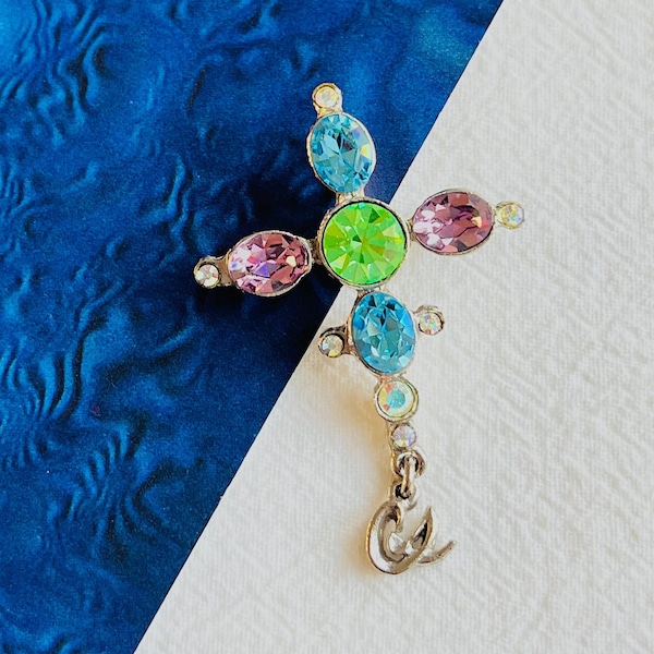 Christian Lacroix Vintage Cross Blue Pink Green Crystals Pendant Brooch, Silver, Mom, Y2K, Girl, Wife, Anniversary, Wedding, Birthday Gift