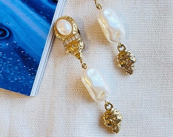 Givenchy Vintage Baroque Irregular Pearl Crystals Relief Drop Clip Earrings, Gold Plated, Mom, Girl, Wife, Y2K, Anniversary, Birthday Gift