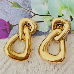 Christian Dior Vintage 1980s Large Double Triangle Hoop Chunky Drop Earrings, Gold, Mom, Girl, Wife, Y2K, Him, Anniversary, Birthday Gift