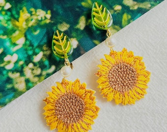 Cloth Yellow Sunflower Green Leaf White Pearl Dangle Clip On Earrings, Gold, Mom, Girl, Wife, Y2K, Him, Men, Anniversary, Birthday Gift