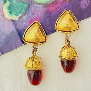 Chanel Vintage 1970 Gripoix Ruby Pine Cone Cabochon Triangle Drop Clip Earrings, Mom, Y2K, Girl, Wife, Anniversary, Wedding, Birthday Gift