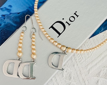 Christian Dior John Galliano White Beads Pearls Pendant Logo D Drop Set, Silver, Mom, Y2K, Girl, Wife, Wedding, Anniversary, Birthday Gift
