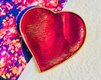 Yves Saint Laurent YSL Vintage 1990s Sparkling Red Heart Enamel Love Brooch Pin Pendant, Gold, Mother, Mom, Y2K, Anniversary, Birthday Gift