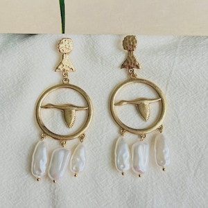 Large Swan Goose Openwork White Irregular Tassel Pearls Drop Pierced Earrings, Gold, Mom, Girl, Wife, Y2K, Him, Anniversary, Birthday Gift