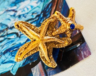 Yves Saint Laurent YSL Arty Large Double Starfish Chunky Statement Navy Dot Ring, US 6, Gold, Mother, Mom, Y2K, Anniversary, Birthday Gift