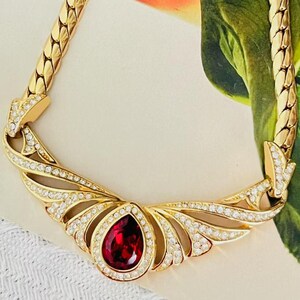 Christian Dior Vintage Ruby Peacock Eye Water Drop Crystals Wing Necklace, Gold, Mom, Girl, Wife, Y2K, Wedding, Anniversary, Birthday Gift