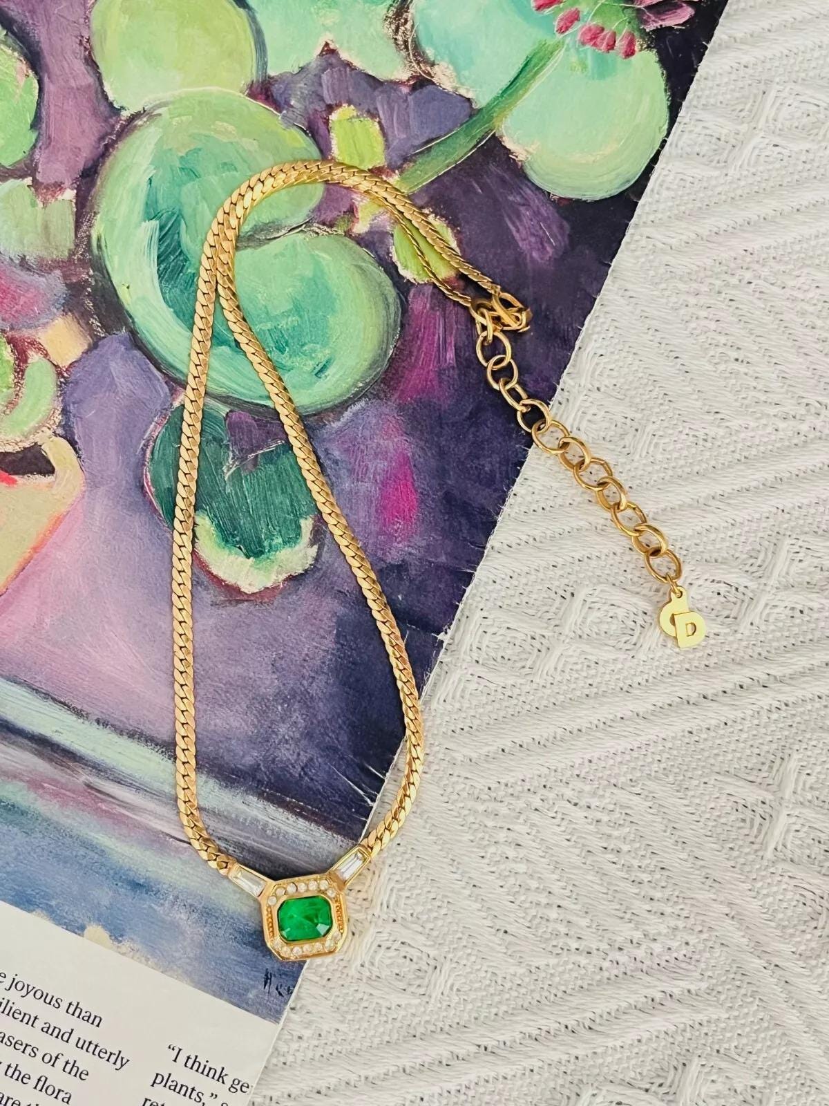 Christian Dior Vintage Gripoix Emerald Octagon Marble Green