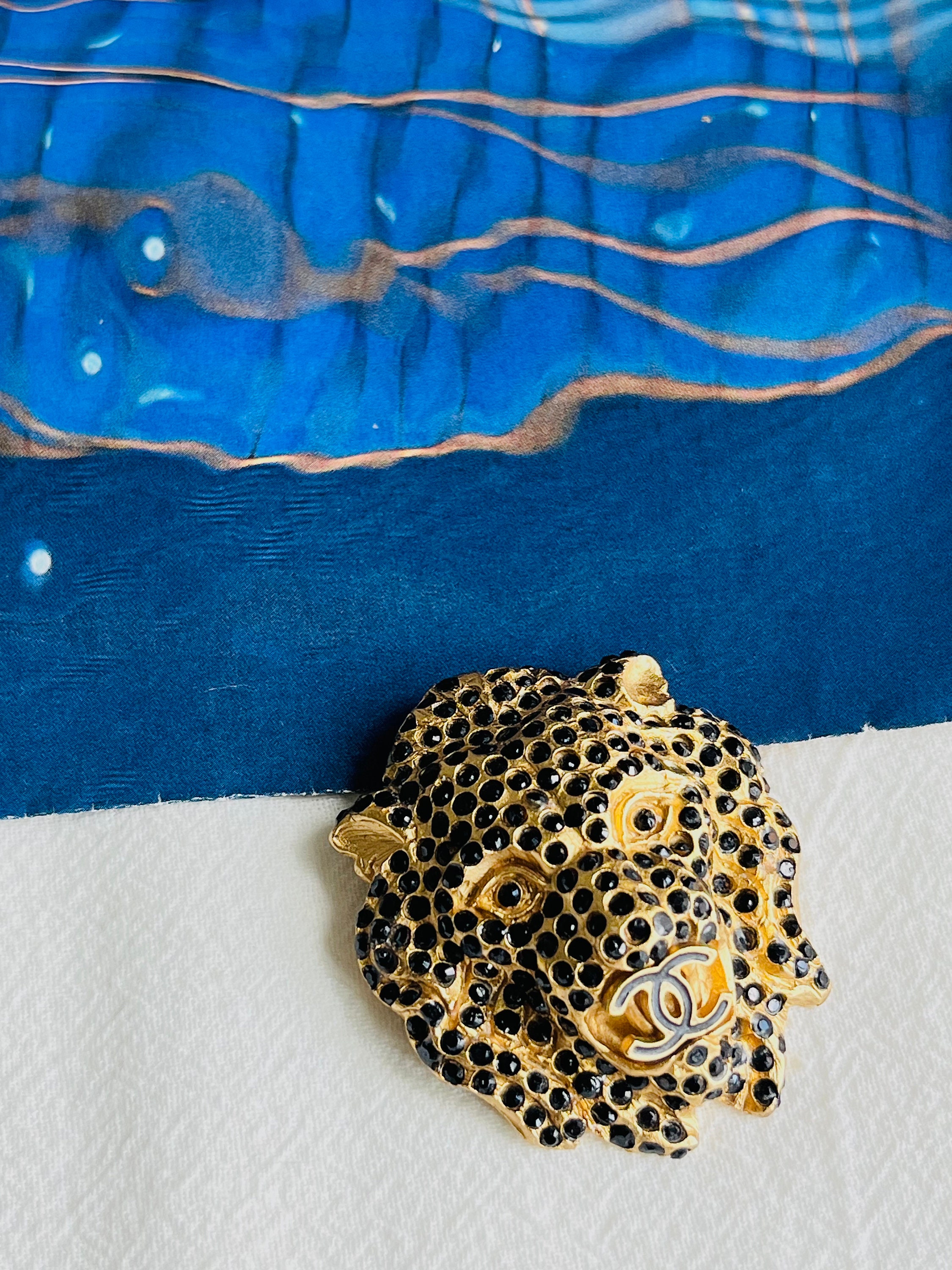 Chanel Vintage 2001 Lion Head Black Crystals Logo Coco CC Brooch