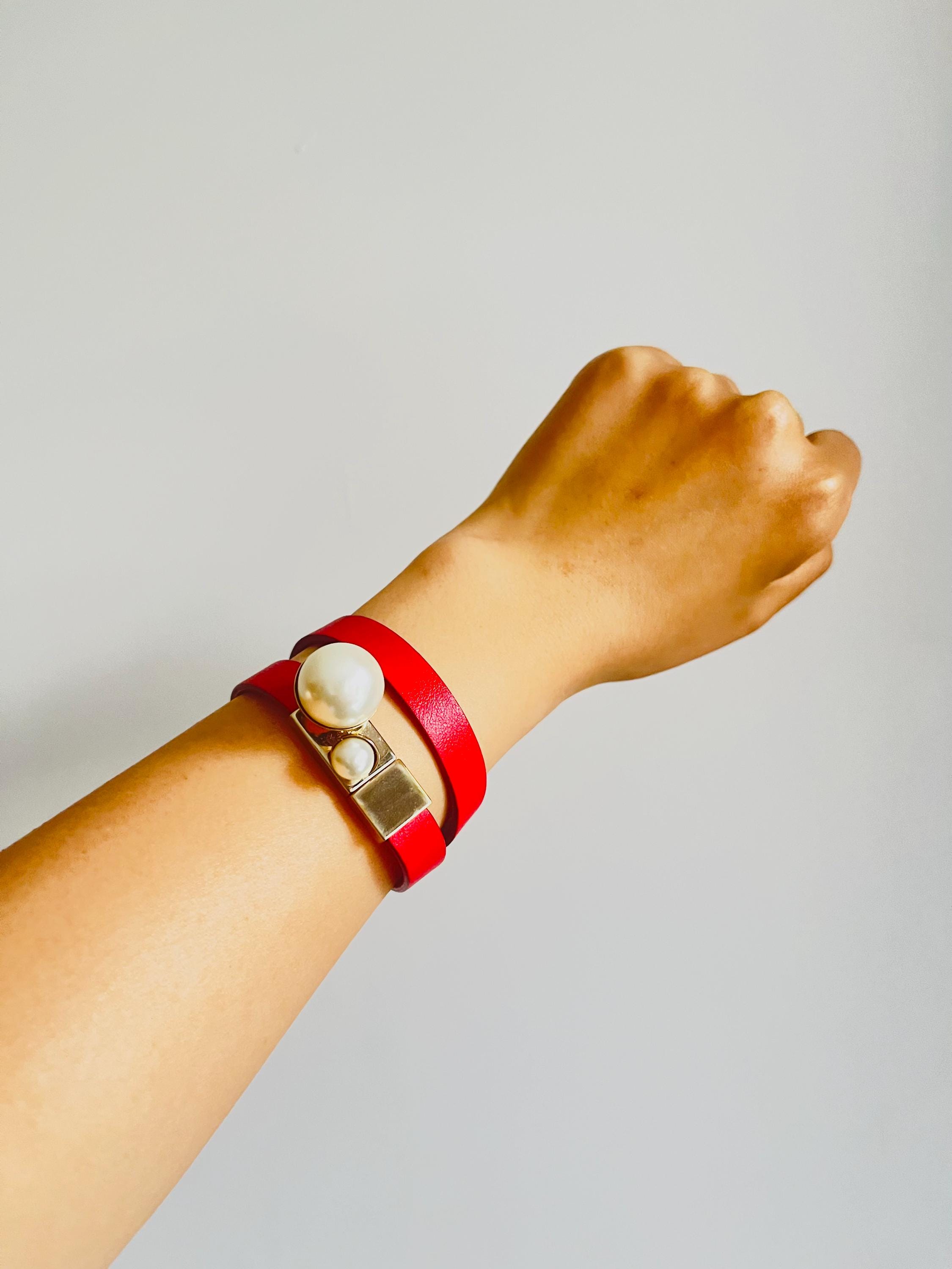 Dior 赤 レザー ダブルラップブレスレット クリスチャン・ディオール トリバレス ホワイトパール レッドレザー