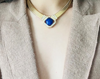 Christian Dior Vintage 1980s Lapis Foil Cabochon Crystals Ribbed