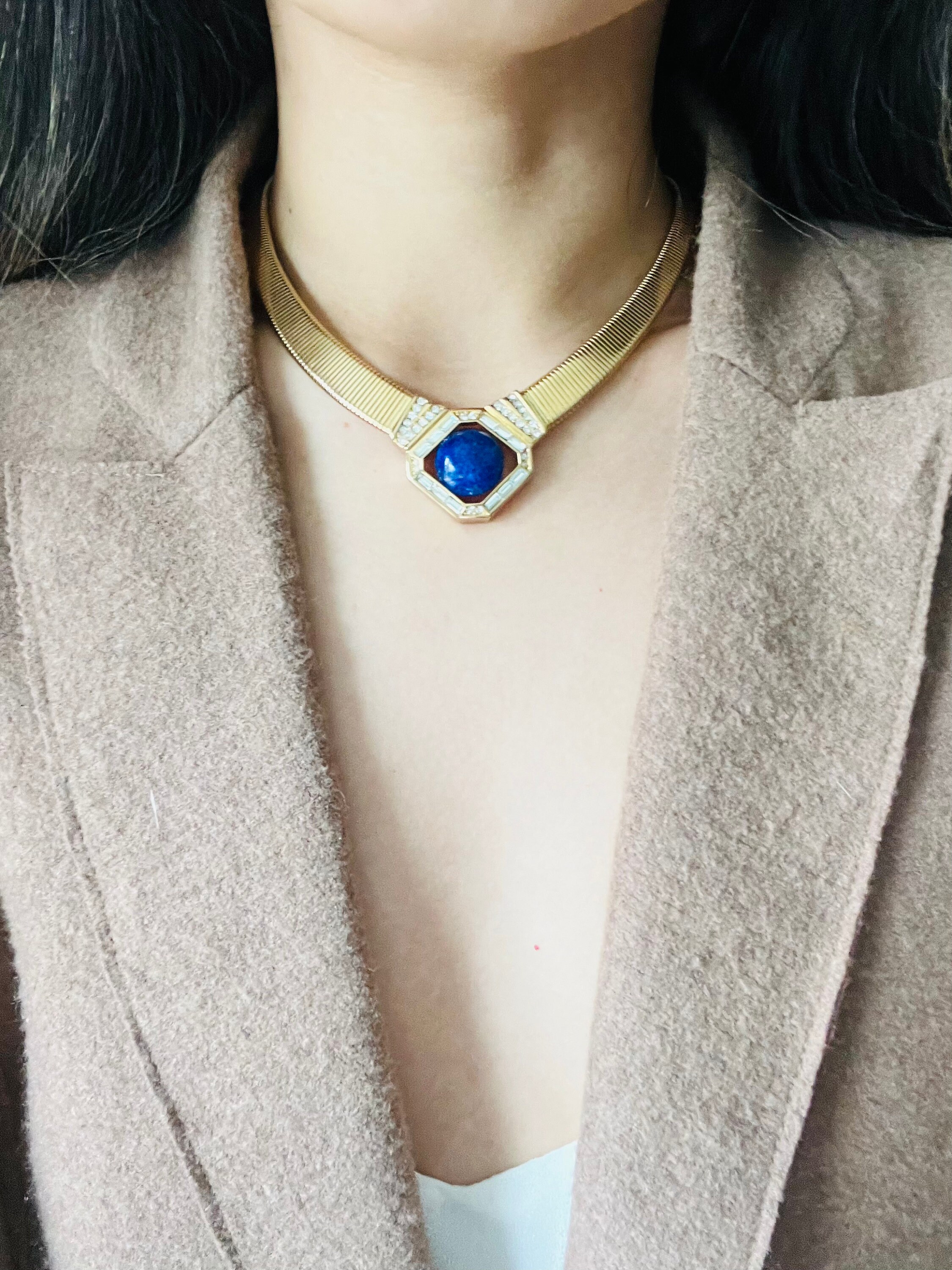Christian Dior Vintage 1980s Lapis Foil Cabochon Crystals Ribbed