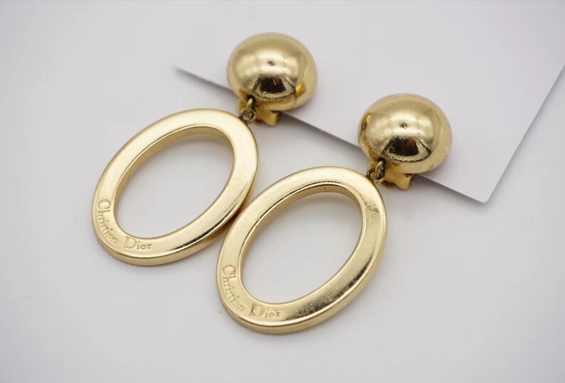 Christian Dior Vintage 1980s Logo Long Oval Hoop Statement Drop Clip Earrings, Gold, Mum, Wife, Girl, Him, Y2K, Anniversary, Birthday Gift image 7