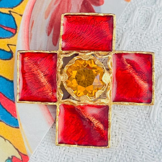 Yves Saint Laurent YSL Gripoix Red Enamel Cross Citrine Crystal