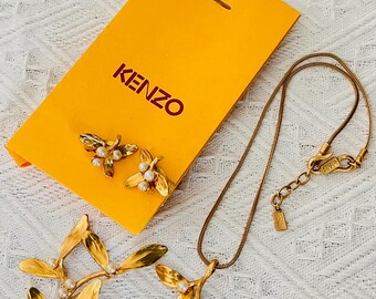 Kenzo Vintage White Beads Pearl Flower Leaf 3 Set Necklace Brooch