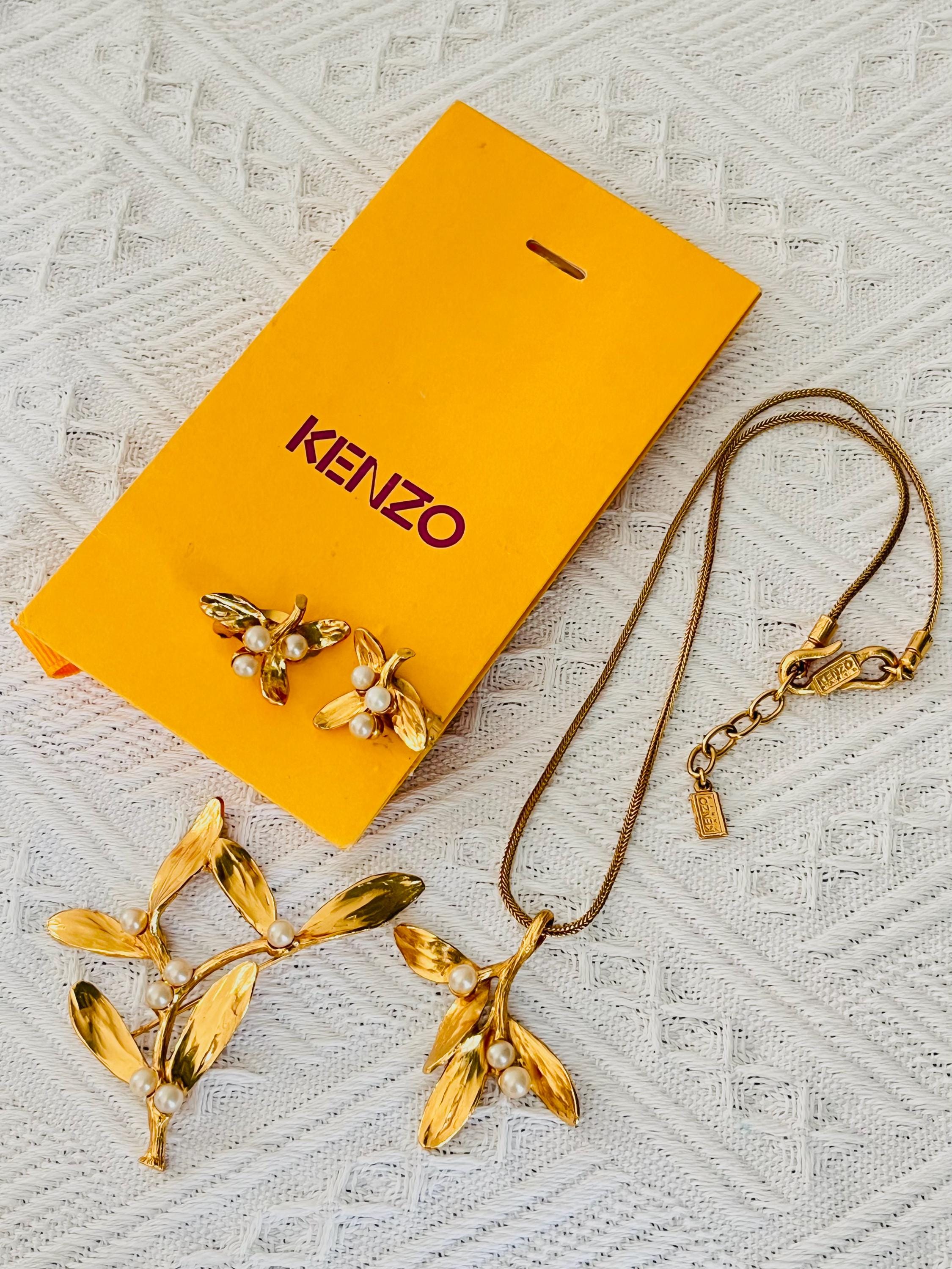Kenzo Vintage White Beads Pearl Flower Leaf 3 Set Necklace Brooch