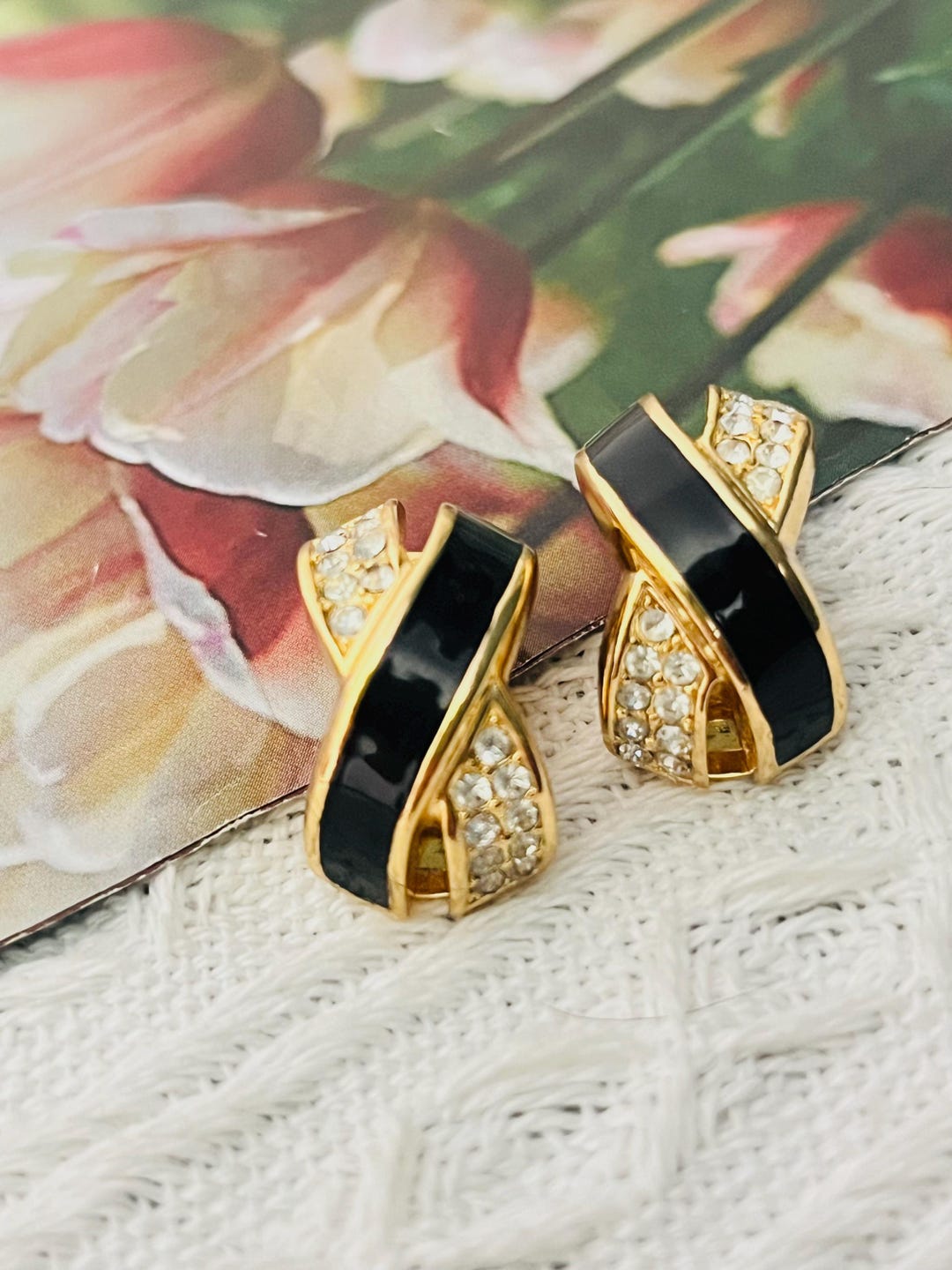 Christian Dior Vintage 1980s Black Cross Kiss X Crystals Curved