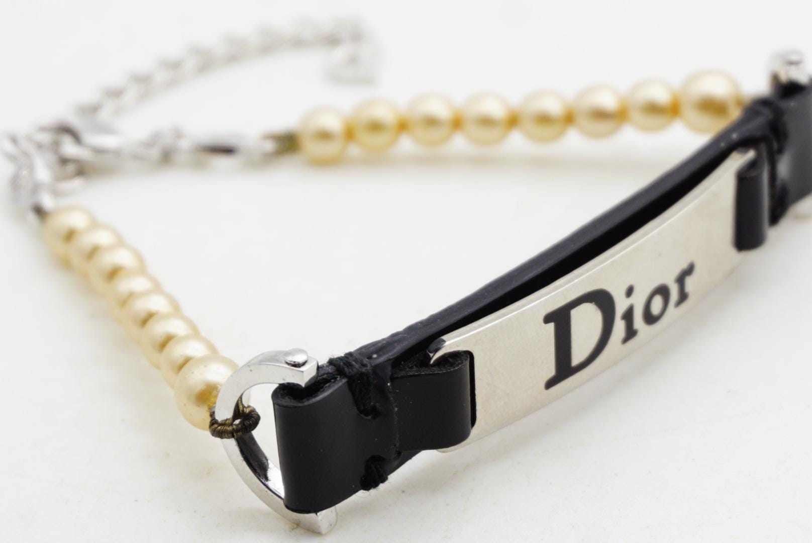CHRISTIAN DIOR John Galliano Pearls Black Leather Silver Logo