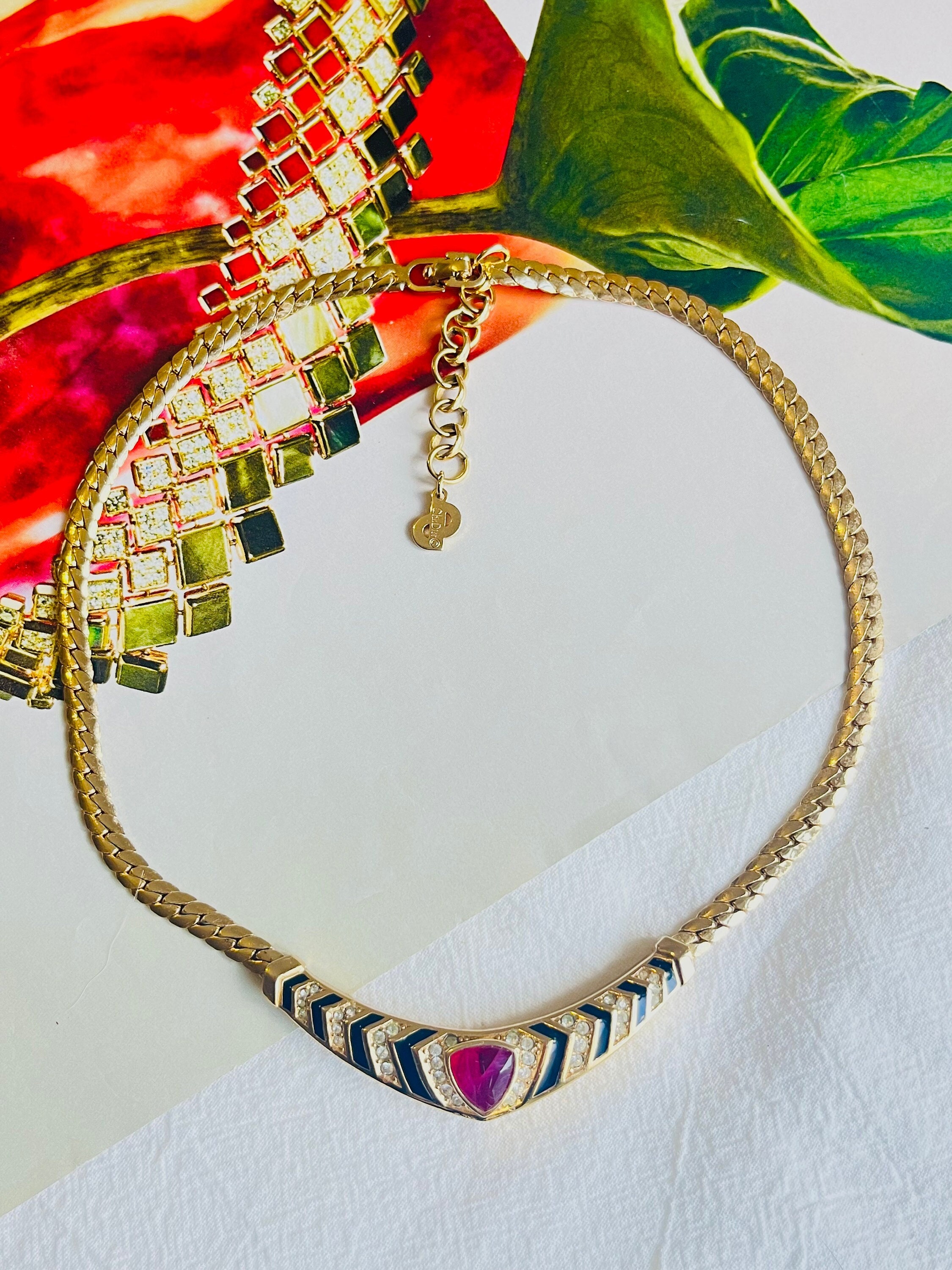 Christian Dior Vintage 1980s Ruby Black Crystals Triangle