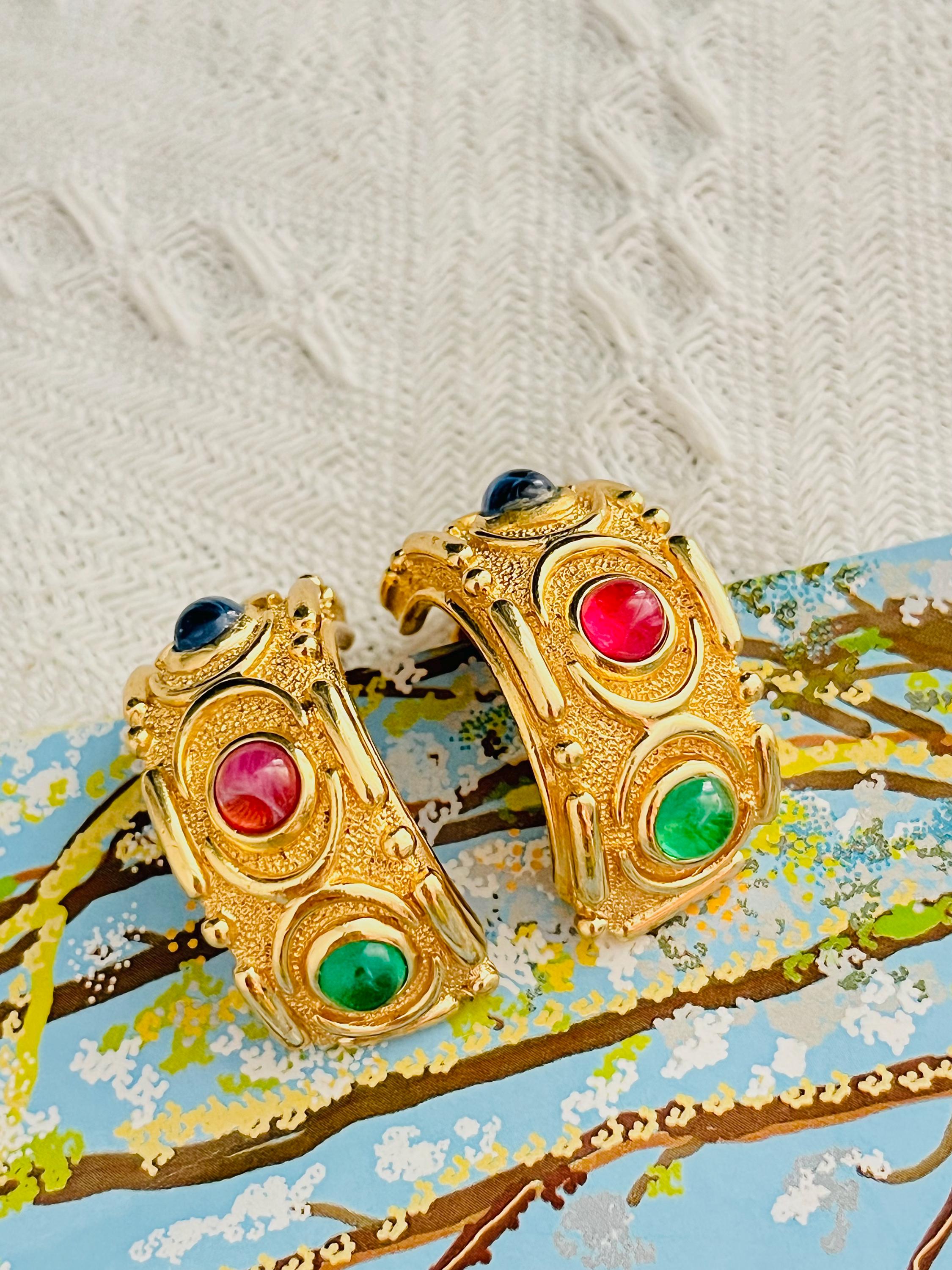 Christian Dior Vintage Large Gripoix Emerald Ruby Sapphire Hoop Christian Dior Vintage Large Gripoix Emerald Ruby Sapphire Hoop