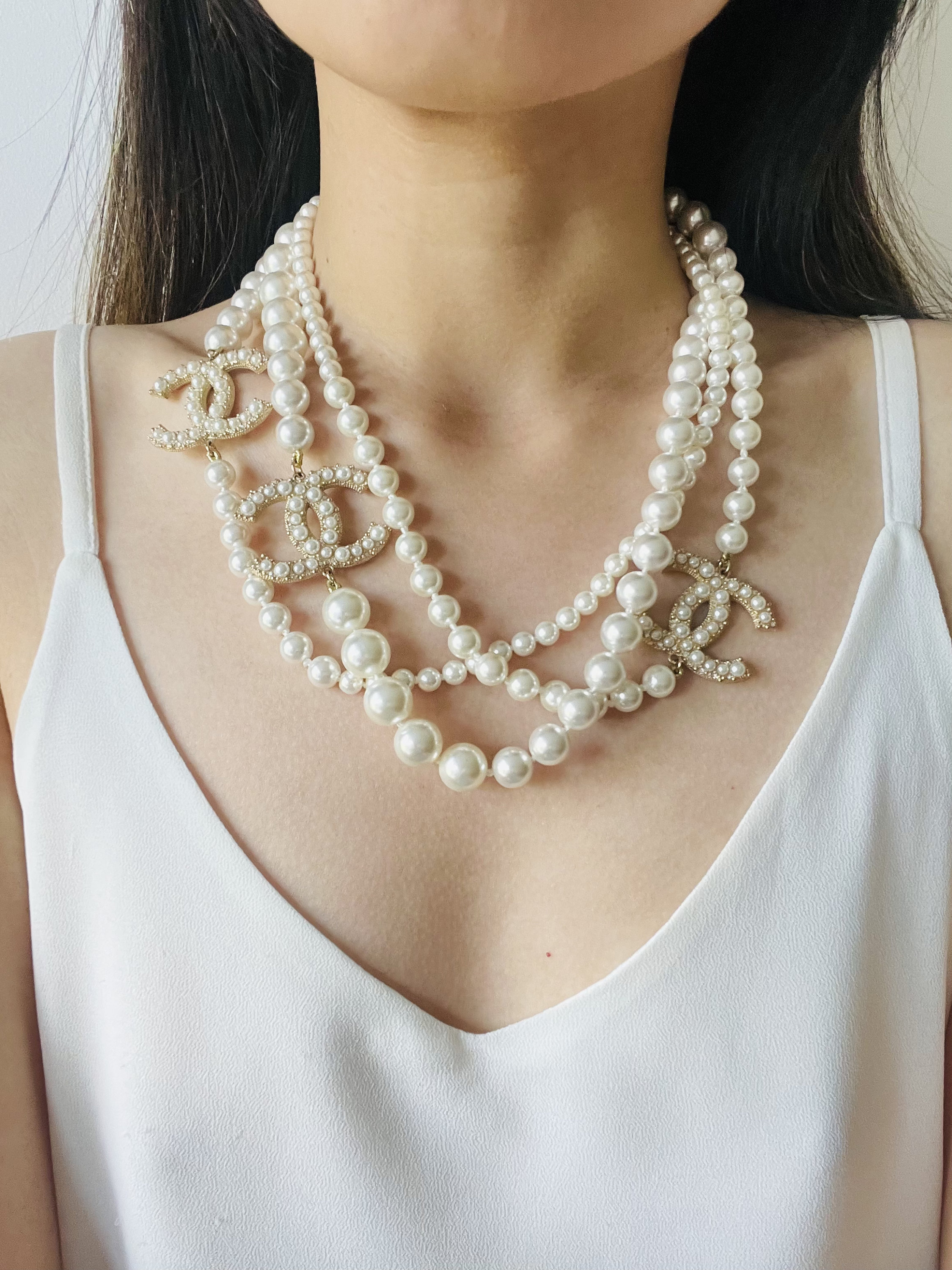 Chanel Vintage Extra Long Pearls Trio CC Logo Coco Strands