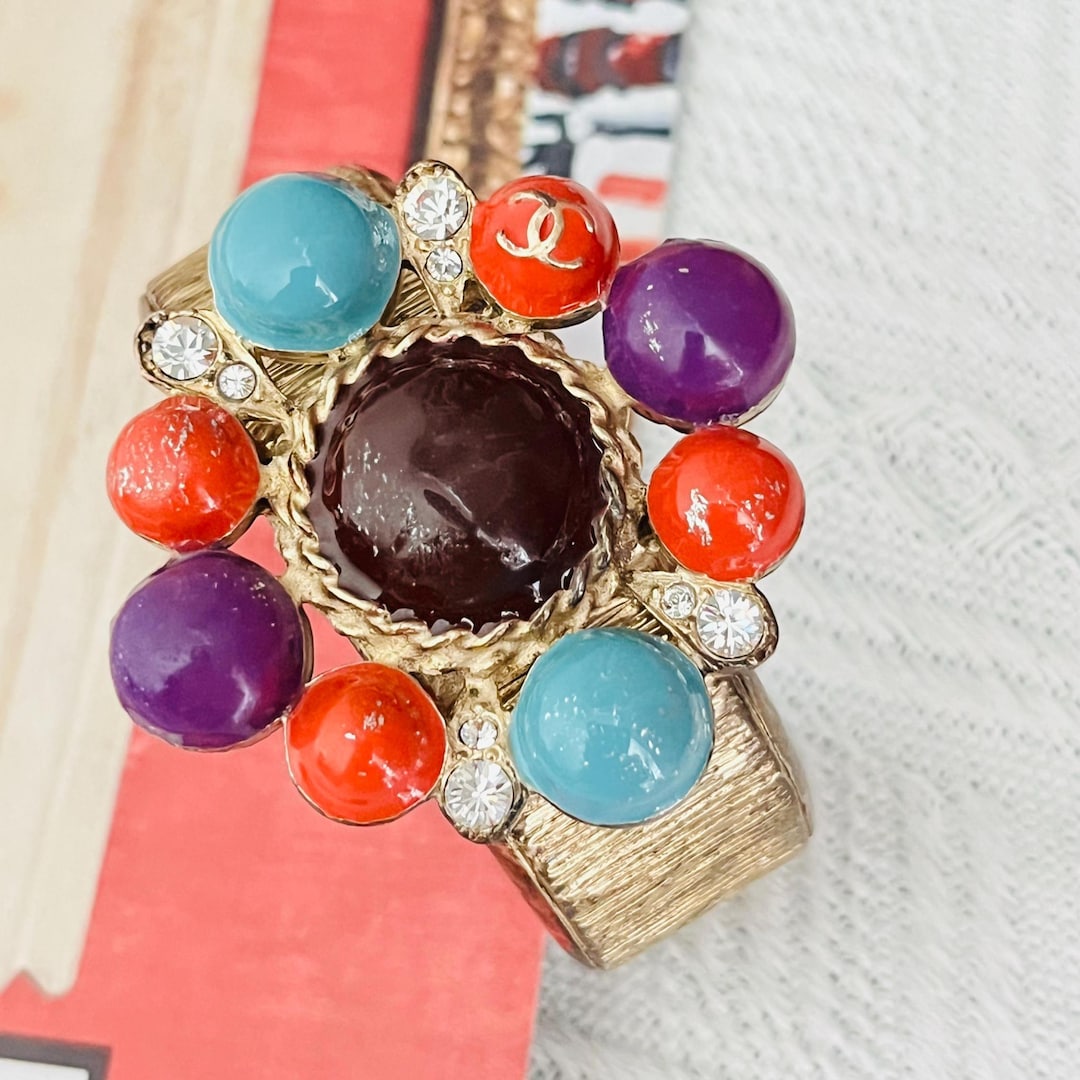 Chanel Vintage 1997 Maltese Cross CC Logo Crystals Turquoise Red