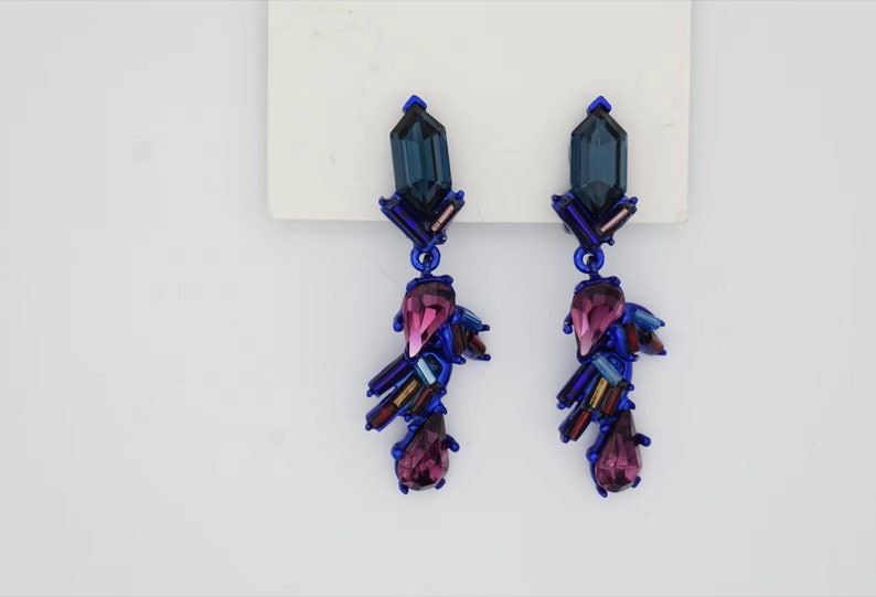 Christian Lacroix Vintage 1980s Crystals Navy Purple Iridescent Rocaille Clip On Earrings, Mom, Girl, Wife, Y2K, Anniversary, Birthday Gift image 5