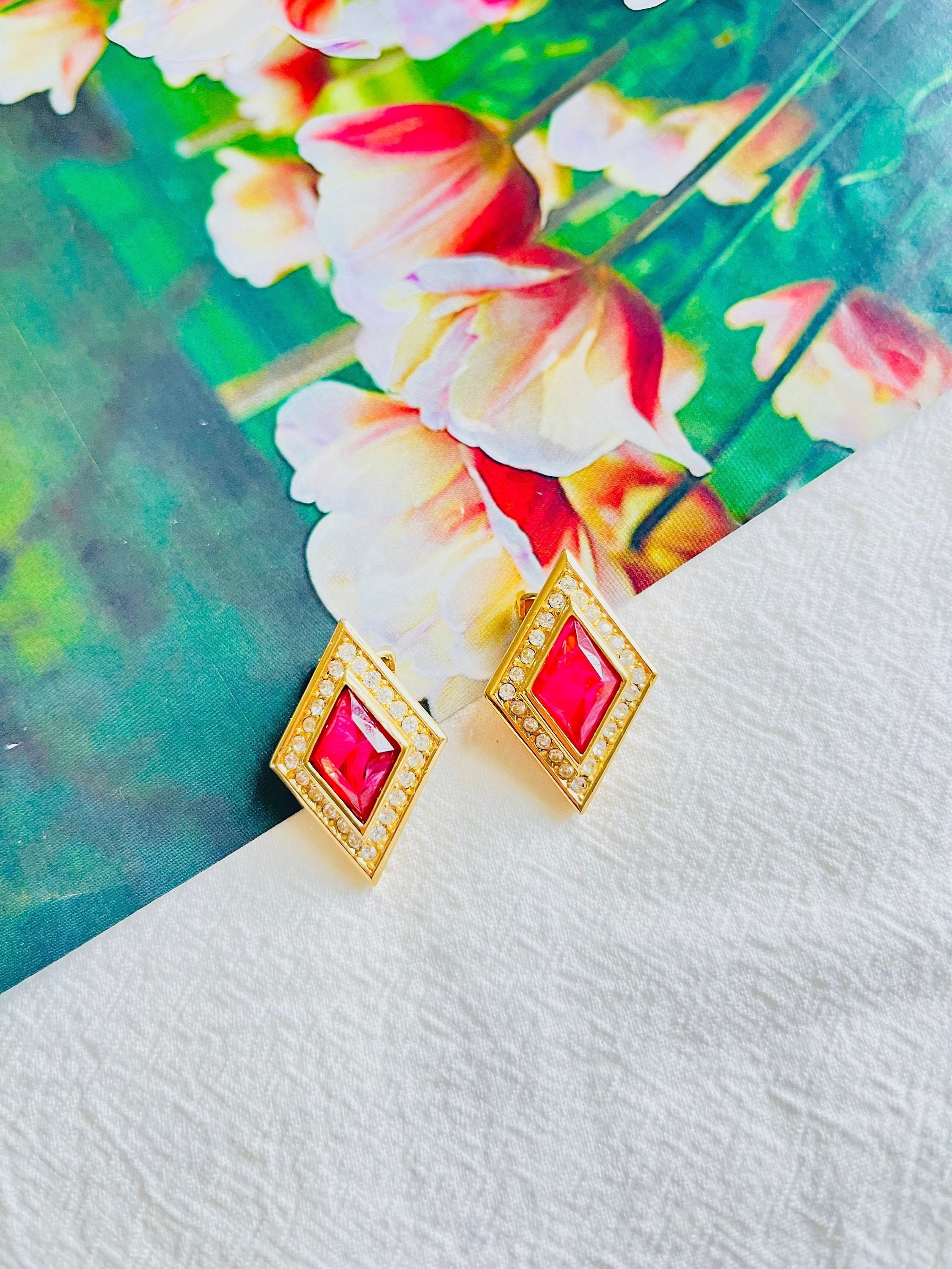 Christian Dior Vintage 1980s Gripoix Ruby Red Diamond Crystals Clip Earrings, Gold, Mom, Girl, Wife, Y2K, Him, Anniversary, Birthday Gift