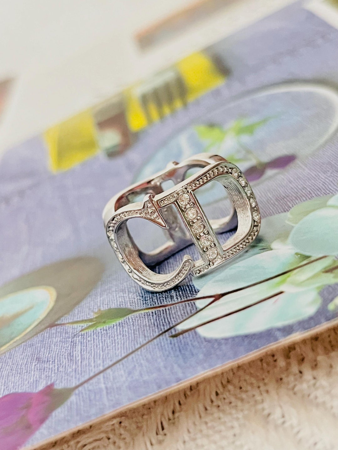 Christian Dior Vintage Large Logo CD Double Side Crystals Cocktail