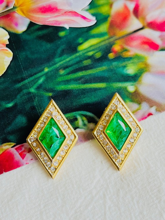 Chanel Vintage Gold Metal And Green Gripoix Crown Drop Earrings