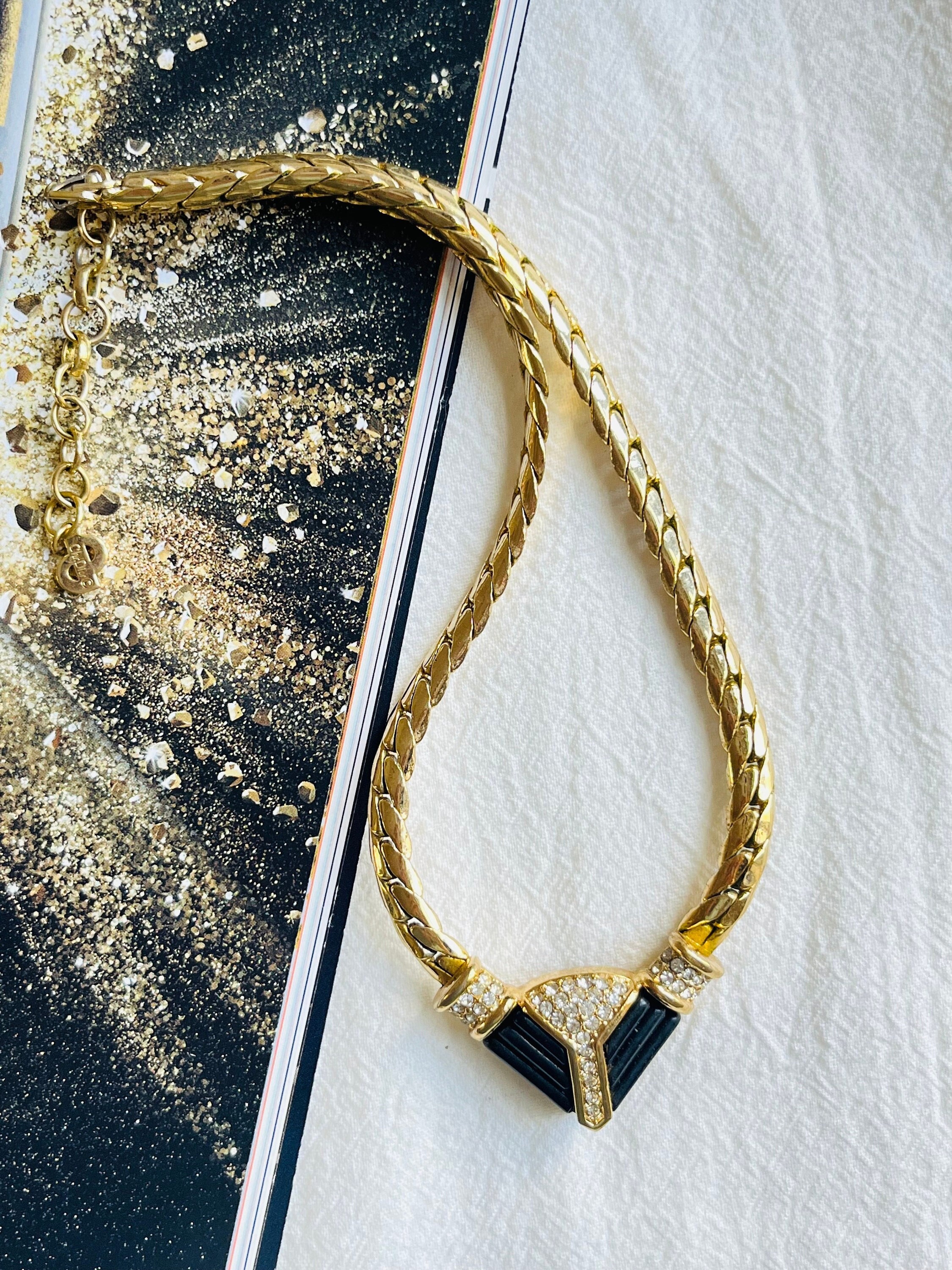 Christian Dior Vintage 1970 Crystals Black Triangle Arc Chunky