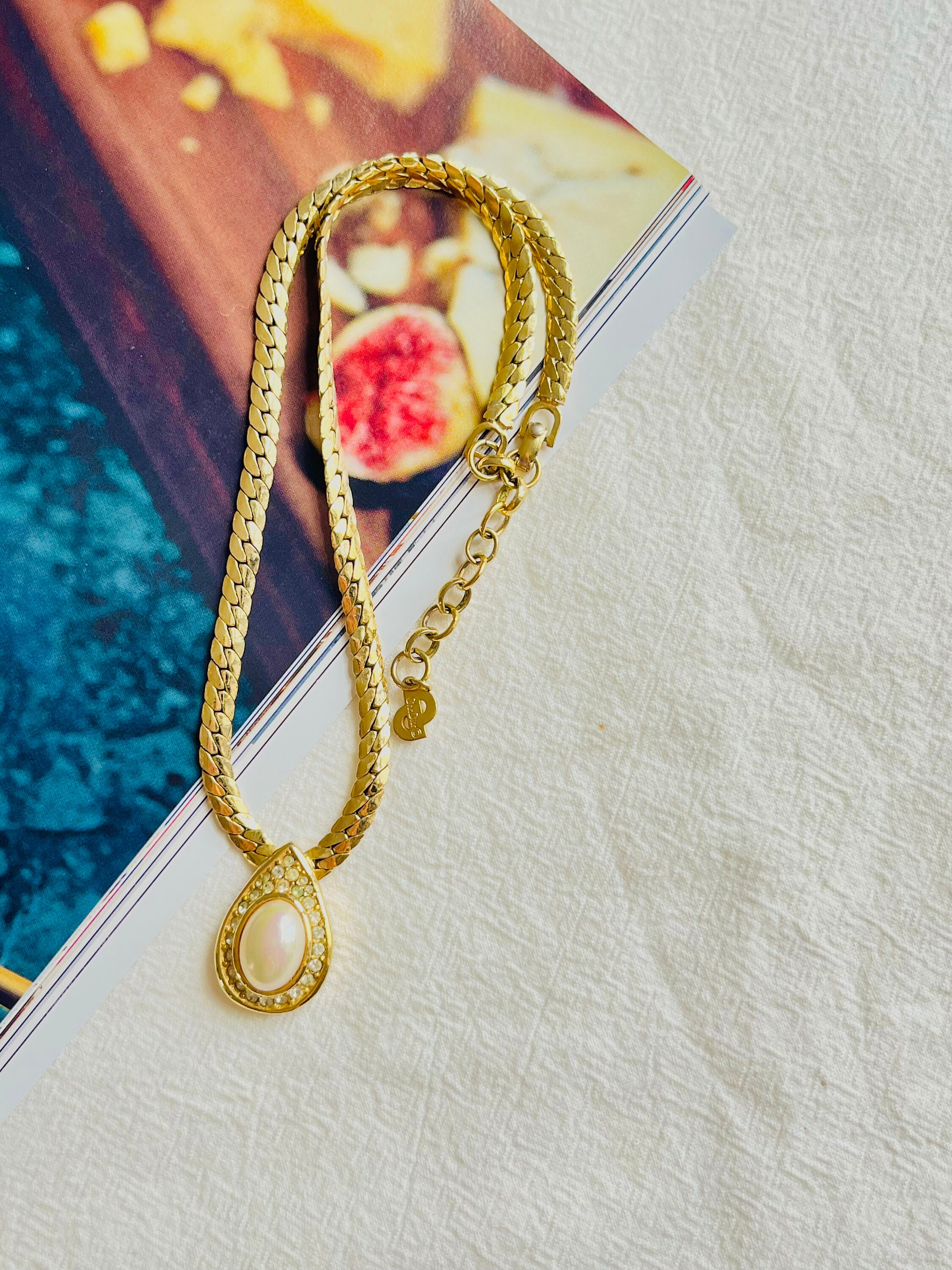 Christian Dior Vintage 1970s Large Oval Pearl Crystals Tear Christian Dior Vintage 1970s Large Oval Pearl Crystals Tear