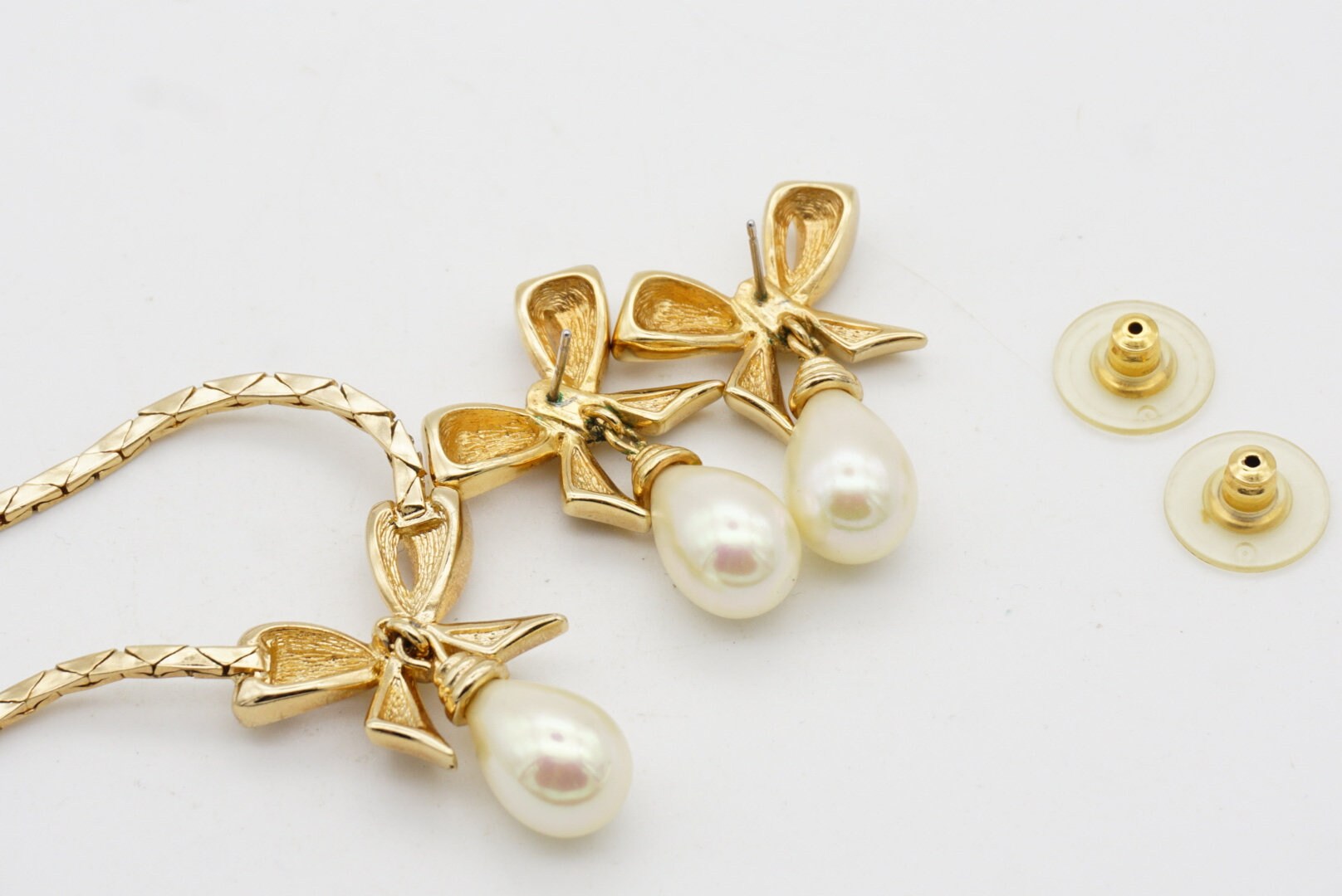 Christian Dior Vintage 1980s Crystals Bow Pearl Teardrop Set Christian Dior Vintage 1980s Crystals Bow Pearl Teardrop Set