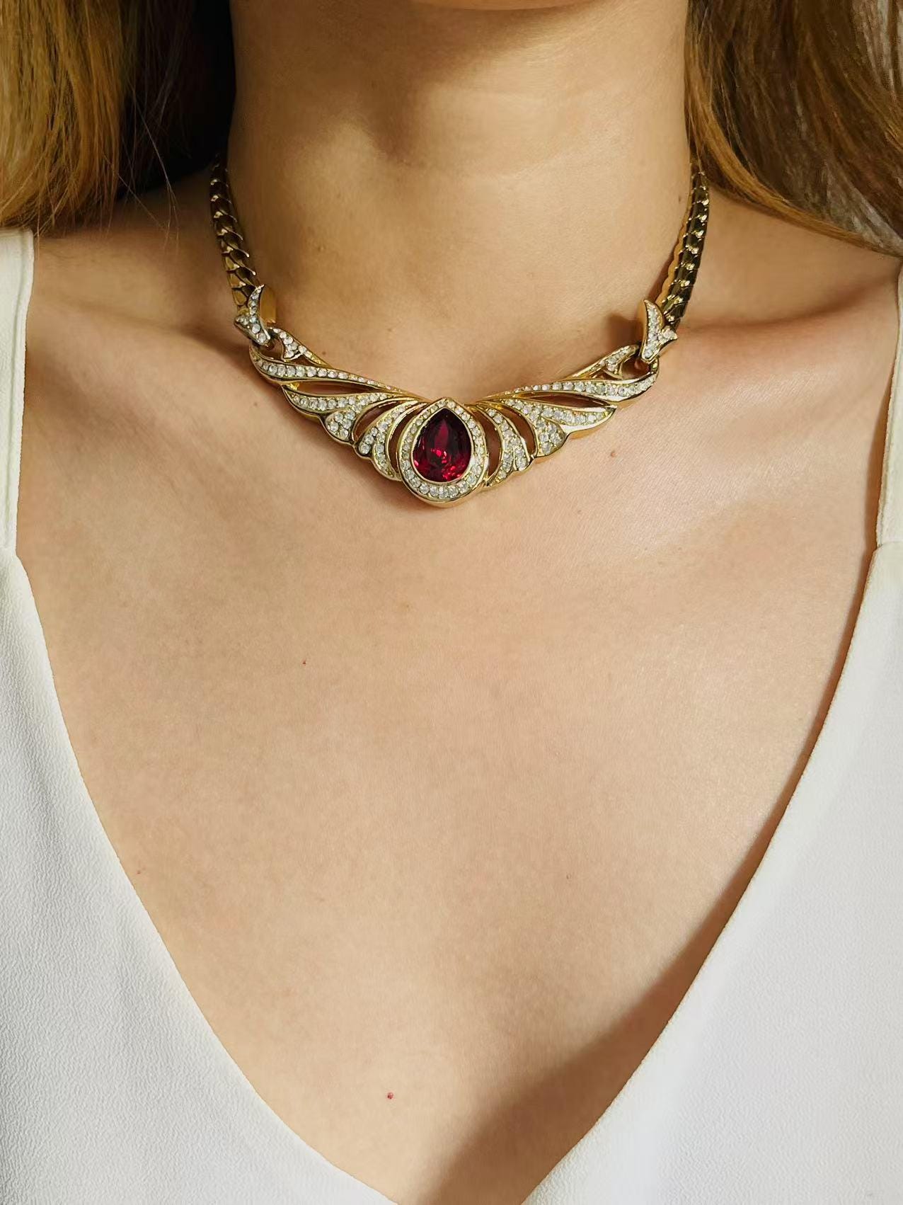 Christian Dior Vintage Ruby Peacock Eye Water Drop Crystals Wing 