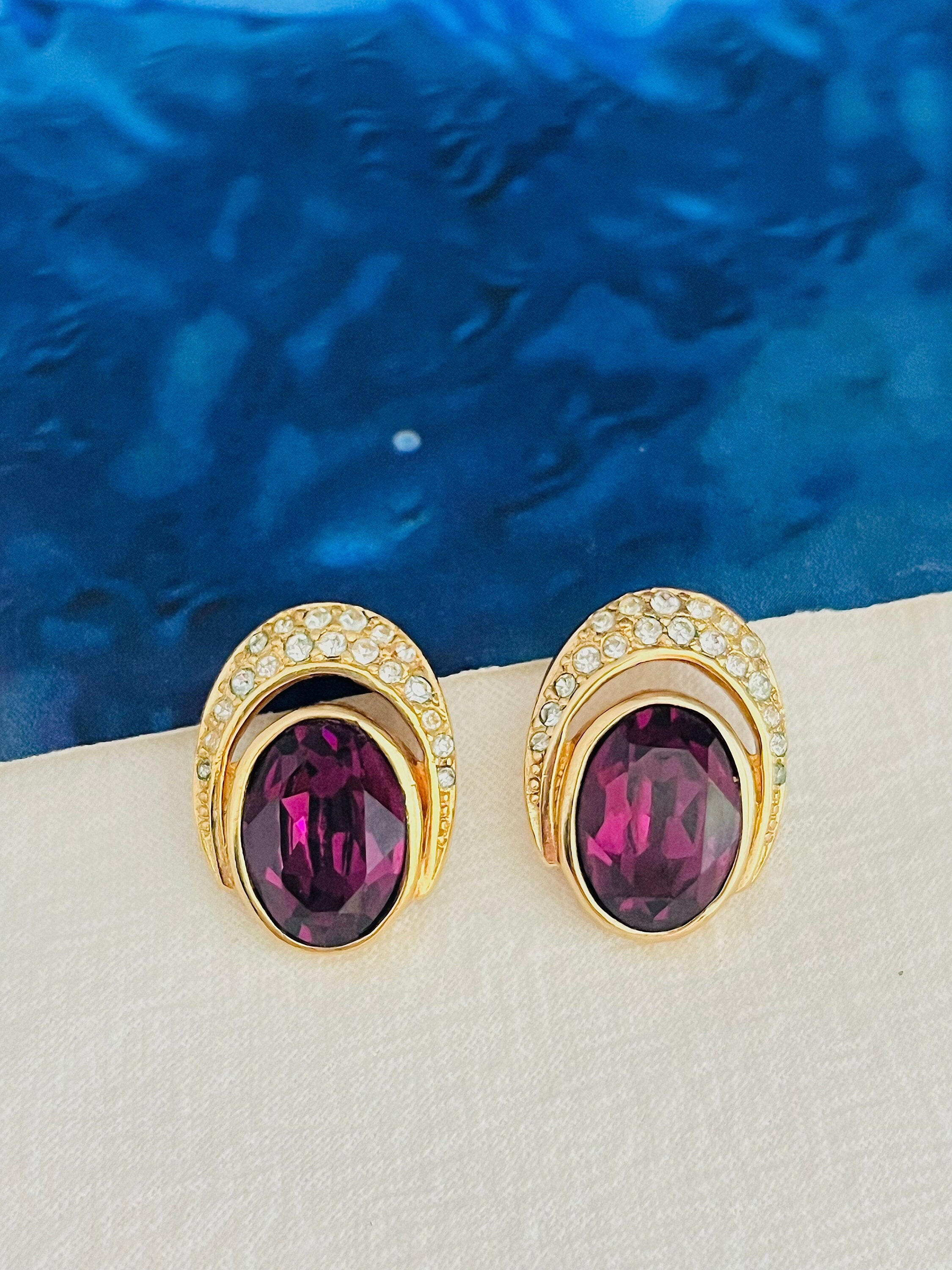 Boucles D'oreilles Vintage En Améthyste - Anciennes, Style Rétro - Occasion Bon état