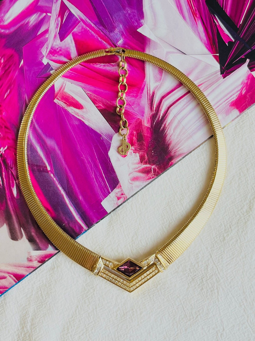 Christian Dior Vintage 1980s Ribbed Amethyst Crystals Triangle