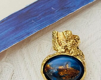 Yves Saint Laurent YSL Arty Large Lapis Navy Foil Cabochon