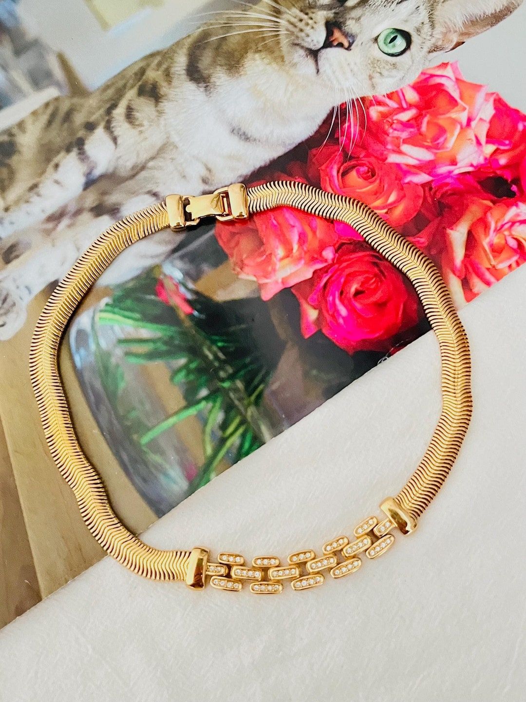 Christian Dior Vintage 1980s Interlinked Crystals Bib Omega Snake