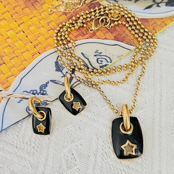 Givenchy Vintage Black Rectangle Circle Star Pend… - image 1
