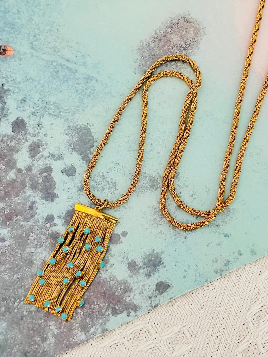 Christian Dior GROSSE 1971 Vintage Turquoise Tassel Long Necklace