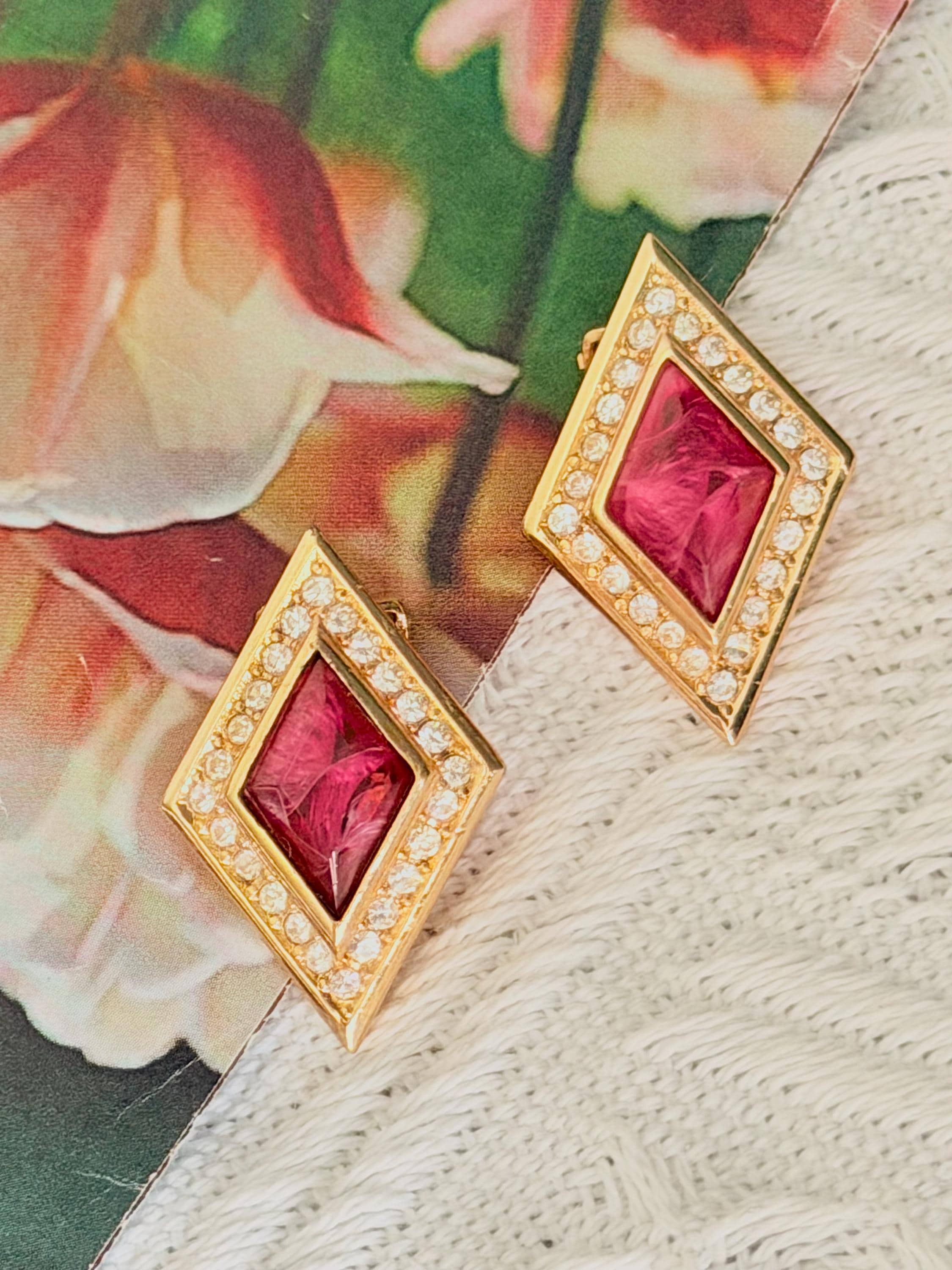 Christian Dior Vintage 1980s Gripoix Ruby Red Diamond Crystals