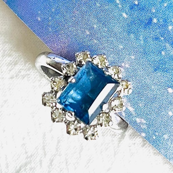 Christian Dior 1970s Vintage Rectangle Aqua Blue Crystals Halo