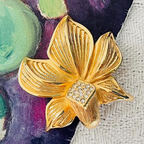 Christian Dior 1980s Vintage Large Blossom Orchid Leaf Flower