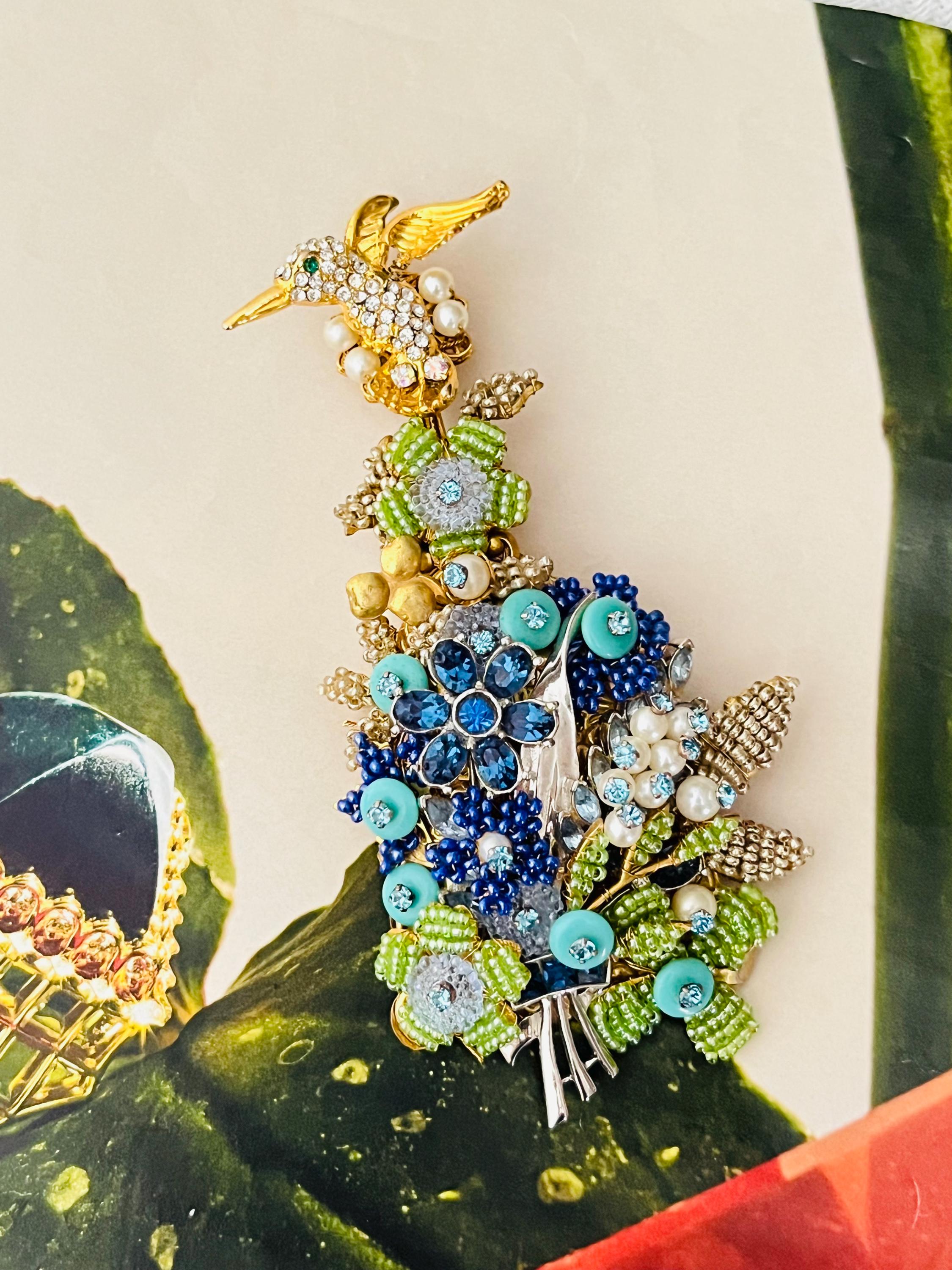 Stanley Hagler Vintage Hummingbird Huge Flower Crystals Blue Green