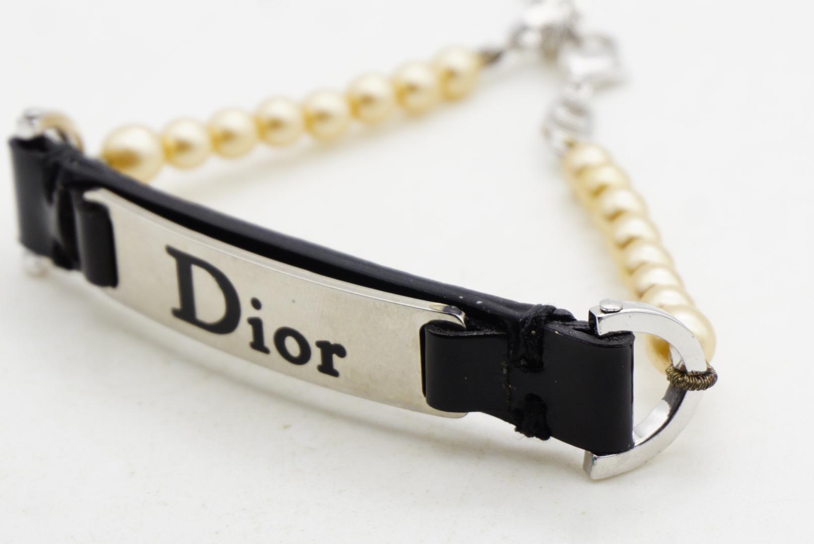 CHRISTIAN DIOR John Galliano Pearls Black Leather Silver Logo