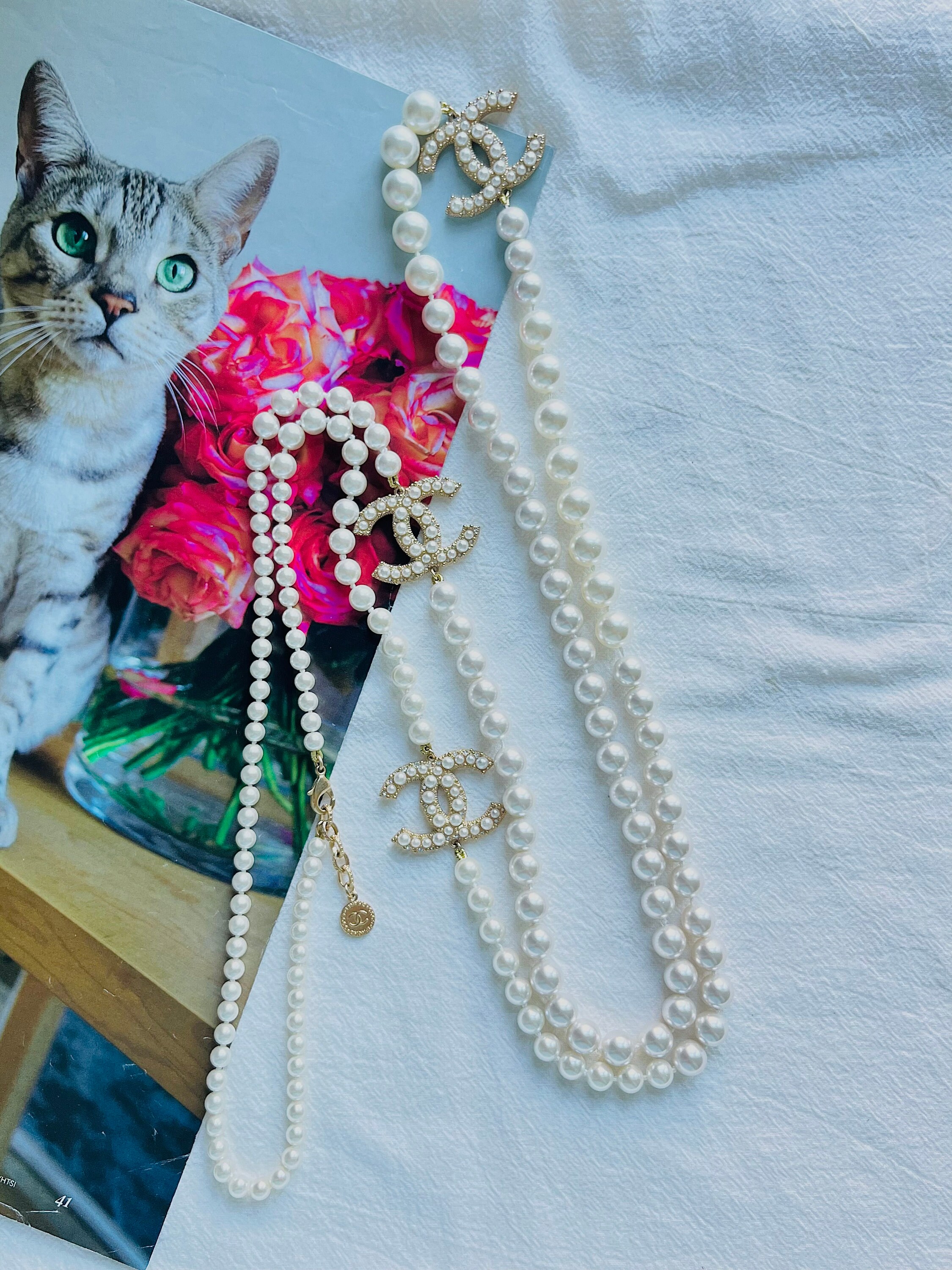 Chanel Vintage Extra Long Pearls Trio CC Logo Coco Strands