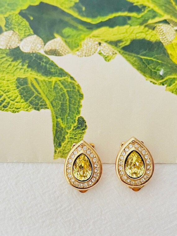 Boucles D'Oreilles Vintage Clips - Forme Goutte Art Déco, Cabochon Jaune - Longueur 9 Cm - Occasion