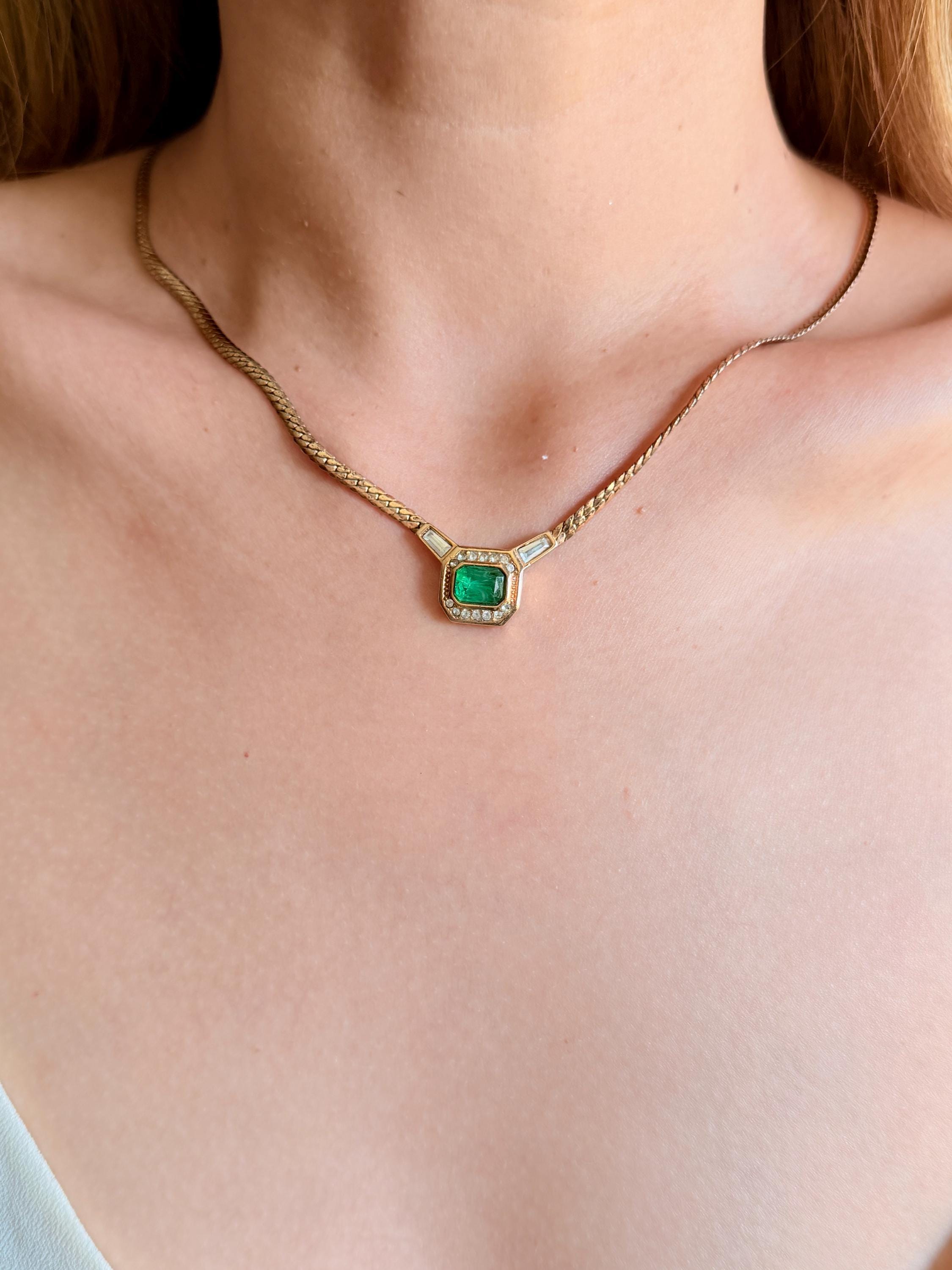 Christian Dior Vintage Gripoix Emerald Octagon Marble Green